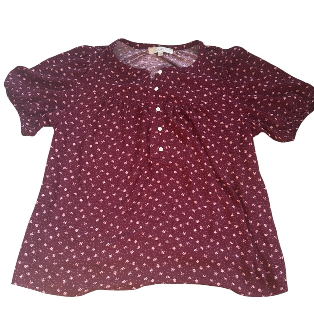 LOFT Burgundy Puff Sleeve Blouse with Peter Pan Collar – Size L